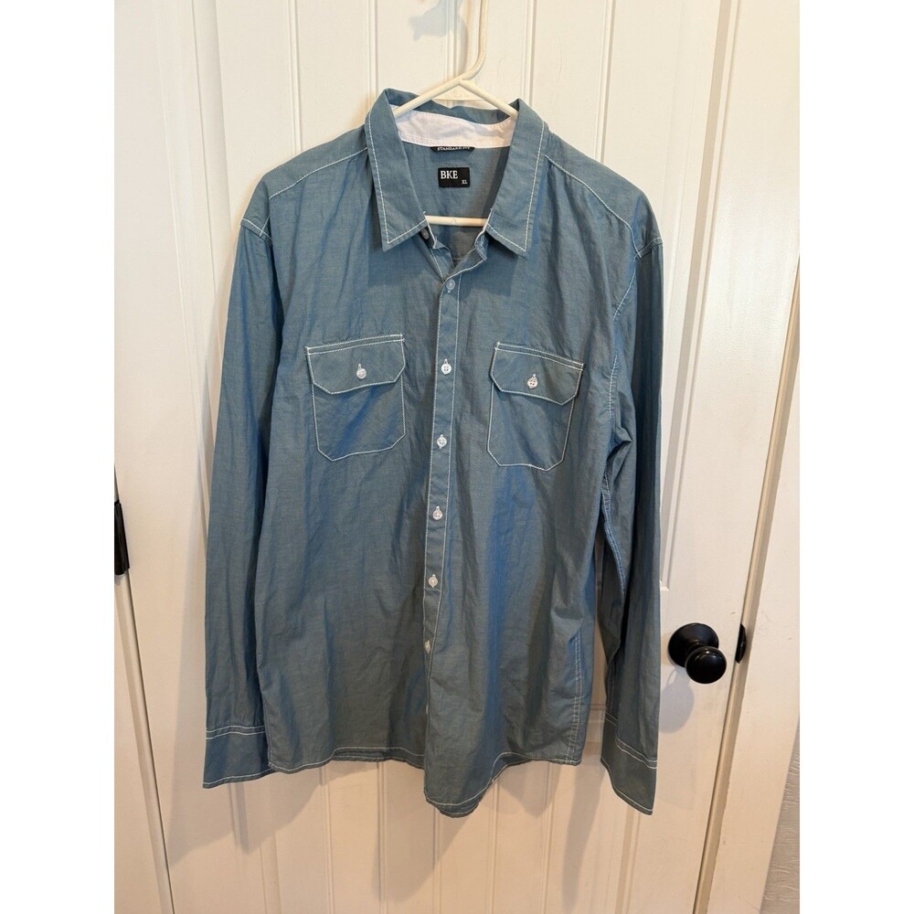 BKE Men’s XL Blue Button Front Shirt Western Contrast Standard Fit